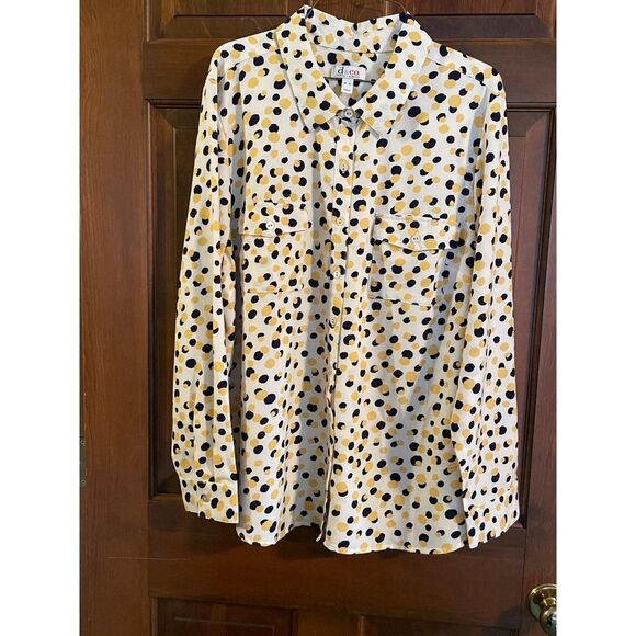 Denim & Co. Stretch Crepe Printed Dot Point Collar Shirt Navy/Yellow XL - Picture 14 of 14